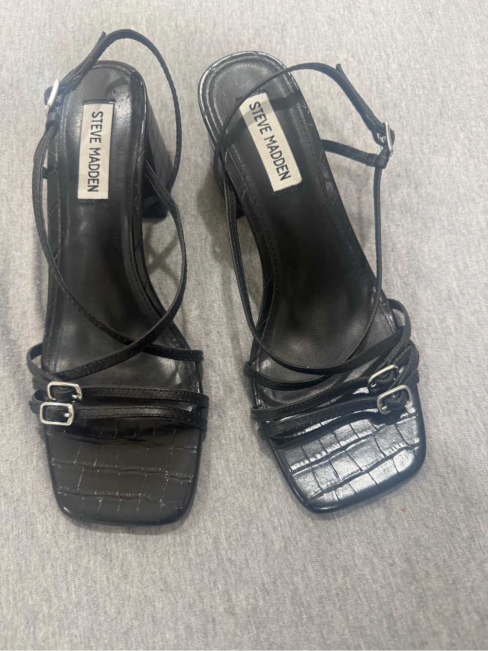 Steve Madden Black Croc-Embossed Strappy Block Heel Sandals